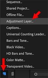 The New Item menu in Adobe Premiere Pro CC.